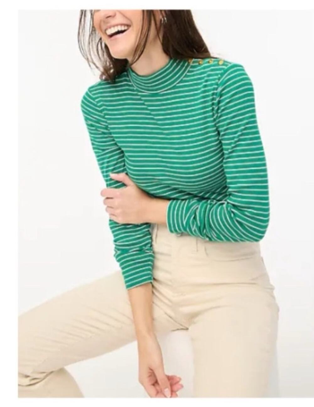 J.Crew Green White Stripe Mock Neck Top Gold Button Shoulder 100% Cotton Large